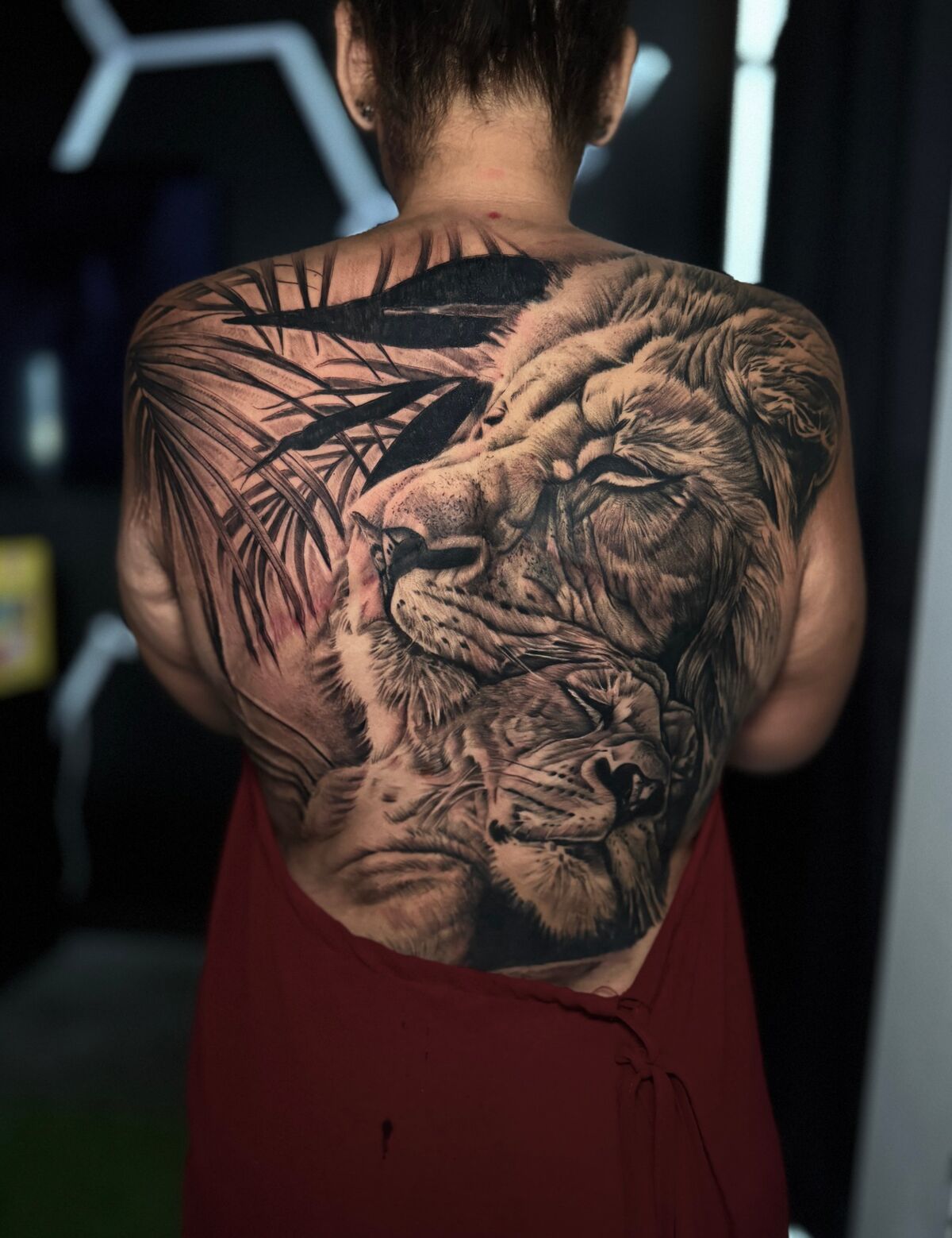 Black and grey lion and lioness full back piece with palm leaves
