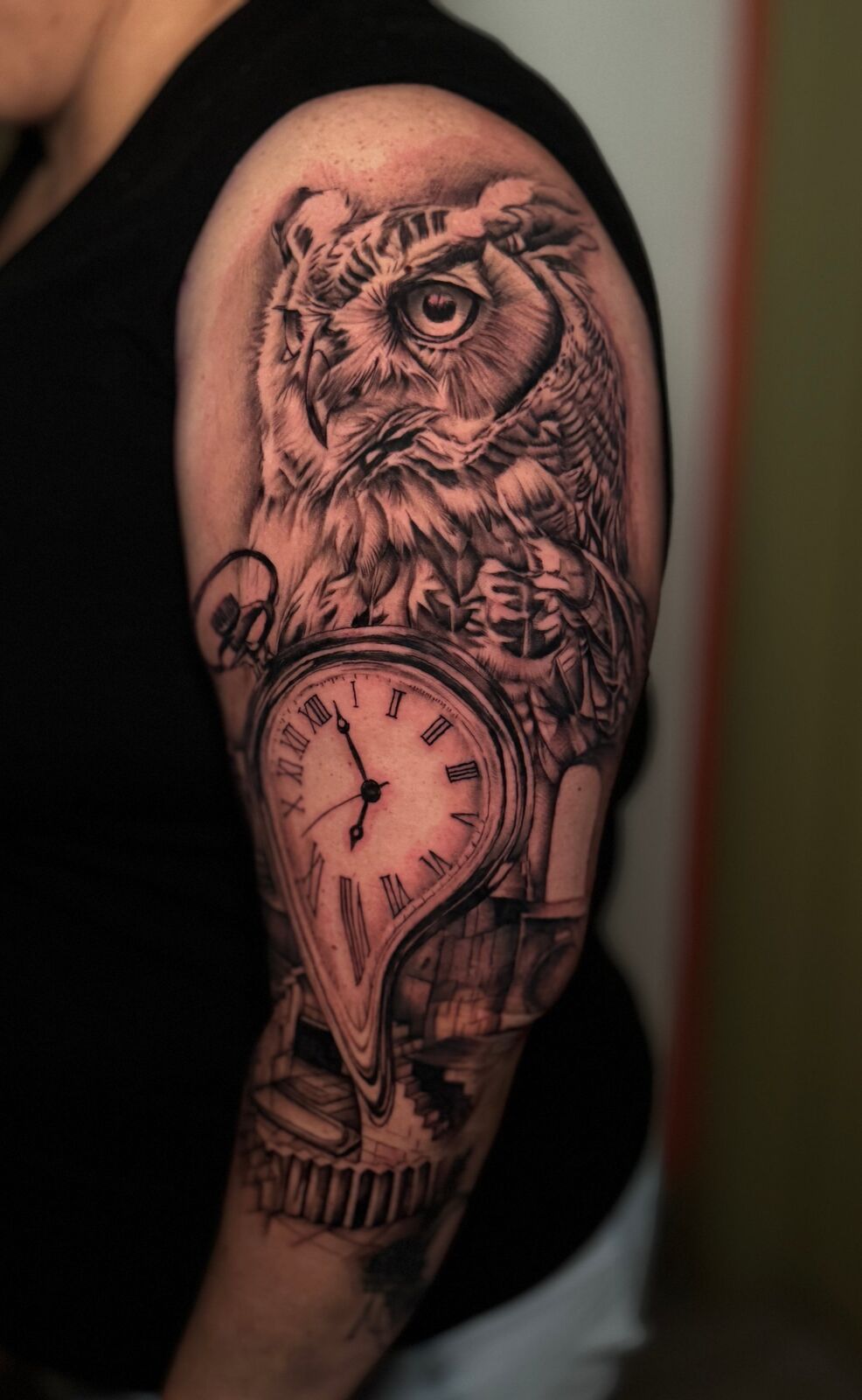 Owl and melting pocket watch half sleeve
